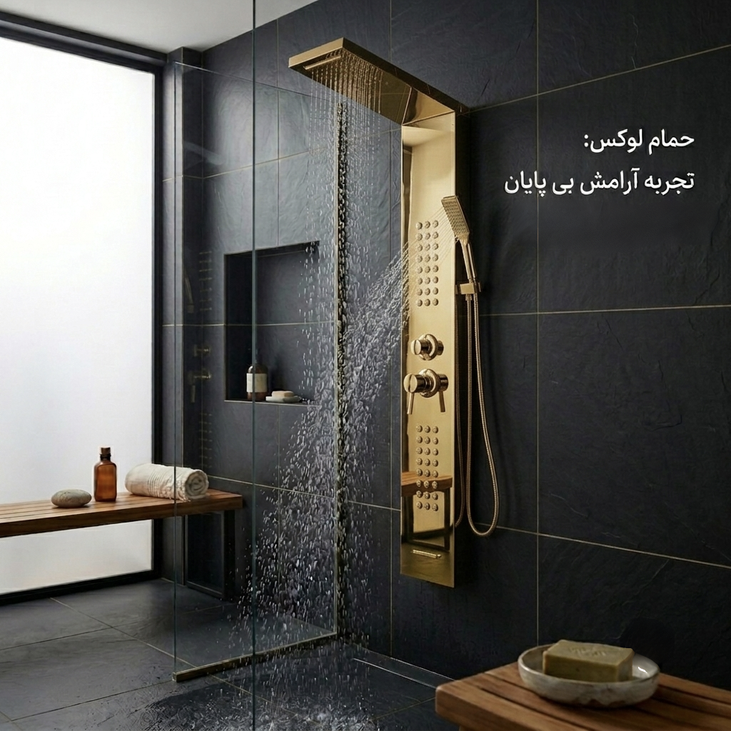 پنل دوش حمام | مدل مروارید | رنگ طلایی- براق | طراحی لوکس با آبکاری طلایی برای دکوراسیون مدرن و لاکچری حمام