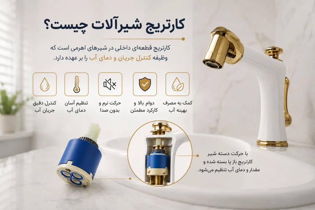کارتریج شیرآلات سرامیکی در کنار بدنه شیر اهرمی